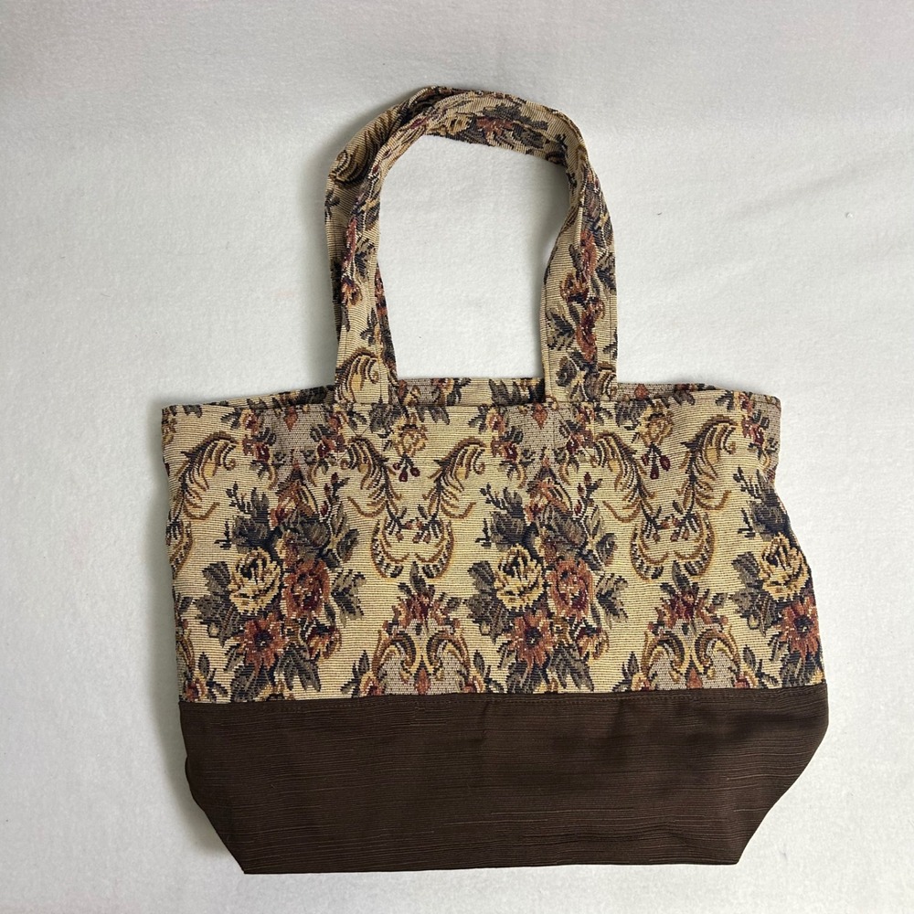 Cottagecore Women Medium Brown‎ Floral Tapestry Woven Damask Tote Bag